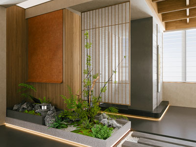 新中式室内景观 景观小品 室内景观 植物堆
