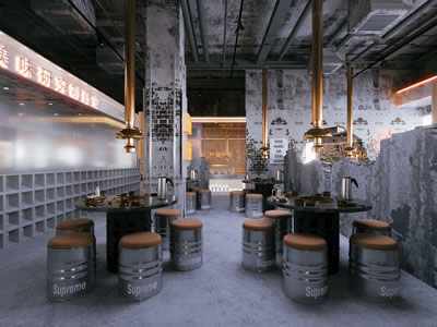 现代工业烤肉店 卡座 破败水泥装饰墙 餐具