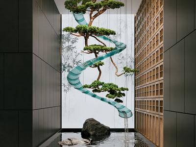 新中式室内水景观 流水 景观石 倒挂松树