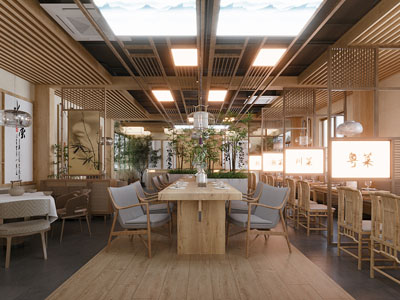 现代原木风中餐厅 餐桌椅组合 吊灯 景观小品 绿植 屏