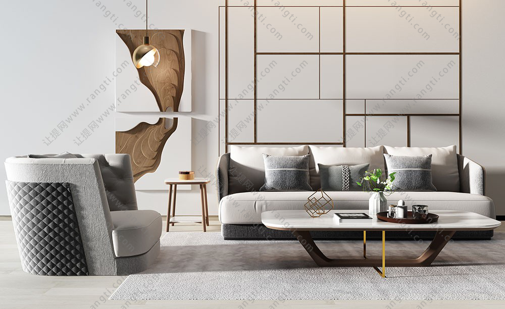 现代沙发、茶几和木板装饰画组合