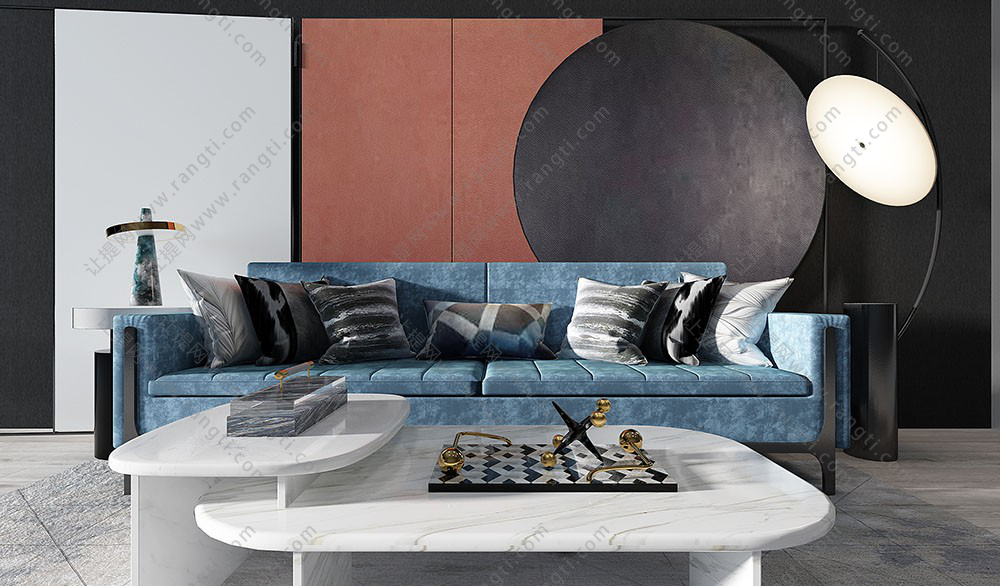 现代沙发、茶几和背景墙组合