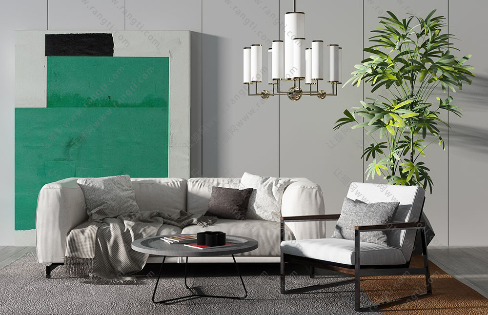 现代北欧沙发、茶几、休闲椅及吊灯组合