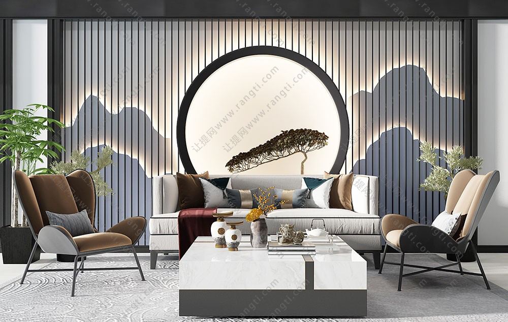 新中式沙发、休闲椅、茶几和背景墙组合