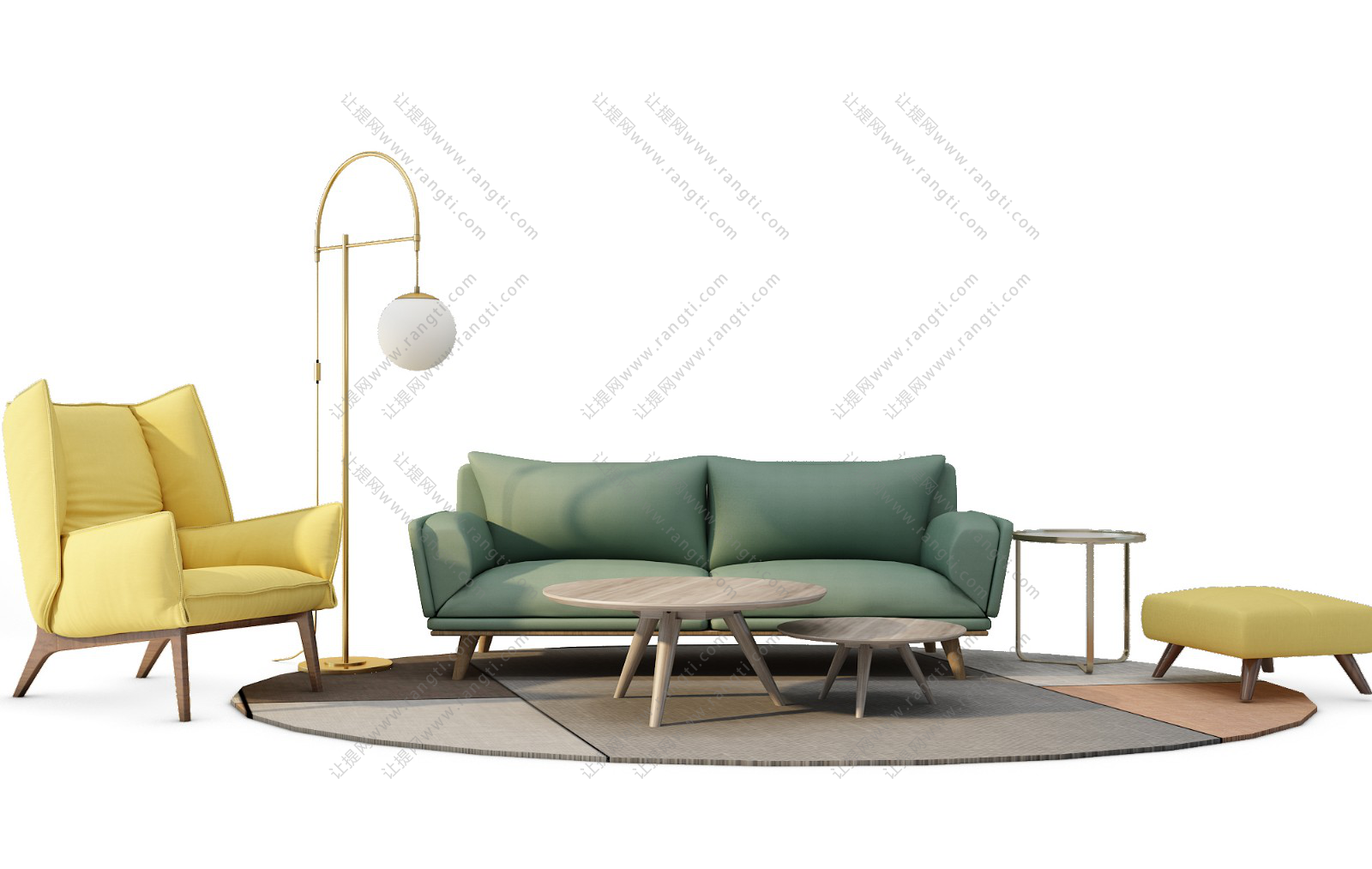 北欧现代沙发、茶几和落地灯组合
