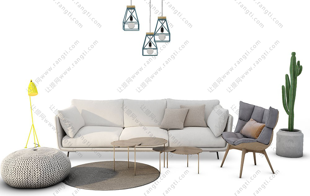 北欧现代沙发、茶几、坐垫和吊灯组合