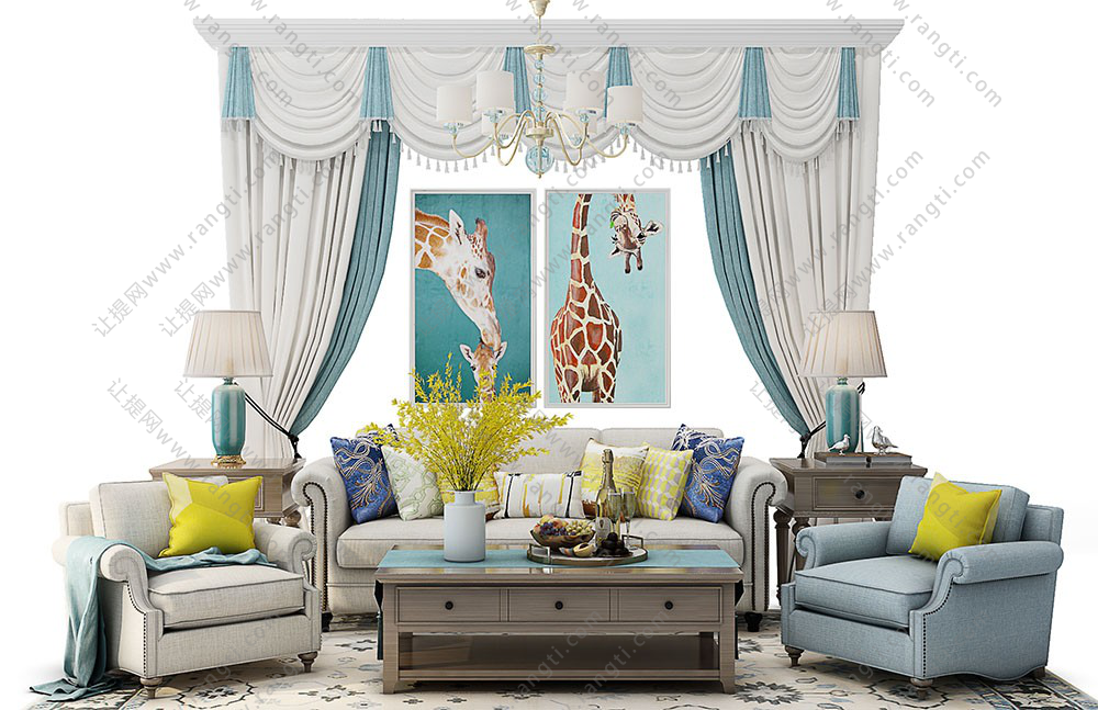 欧式沙发、茶几、窗帘和装饰画组合