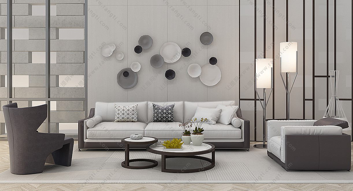 现代布艺沙发、茶几、墙饰和落地灯组合
