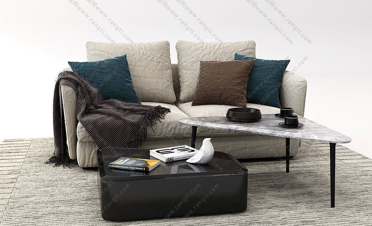 现代布艺沙发、茶几和坐垫组合