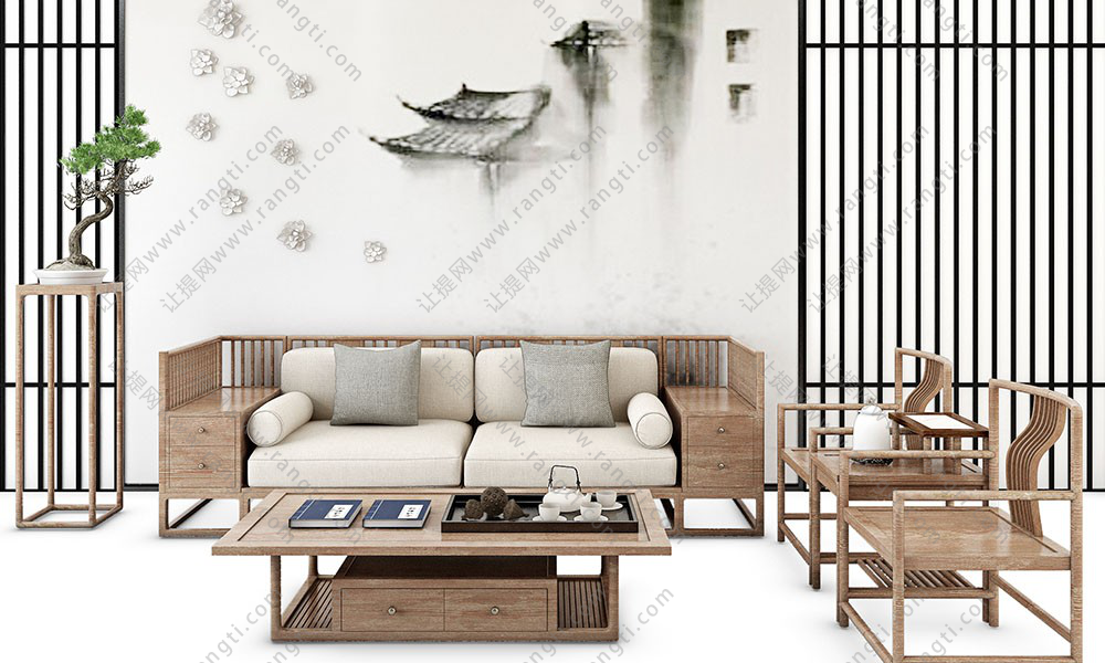 新中式沙发、茶几、休闲椅和花架盆景组合