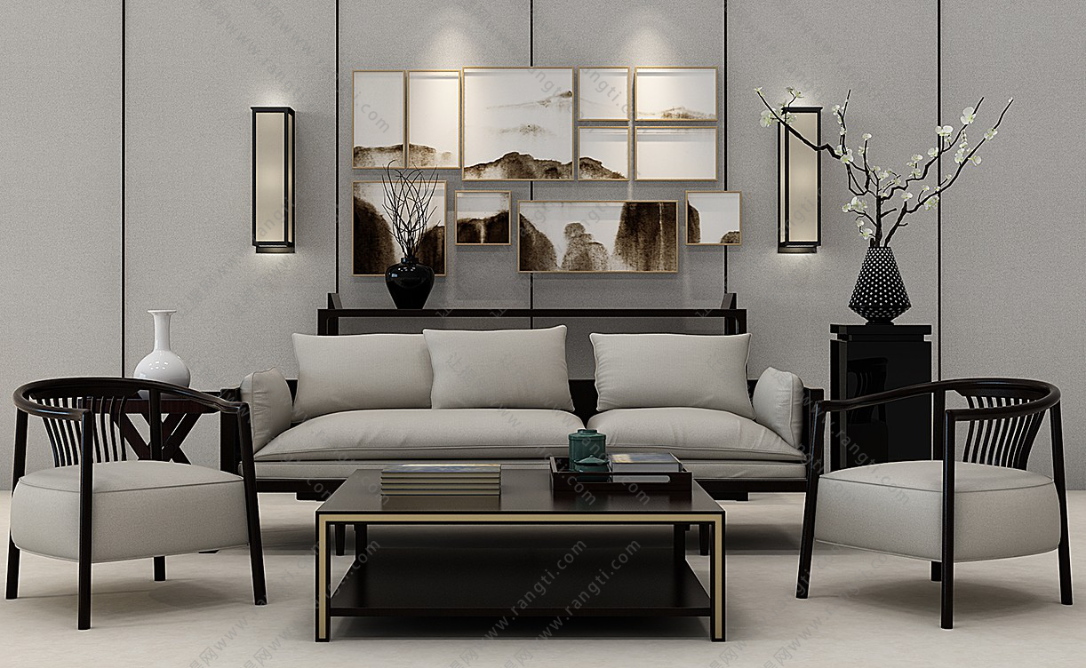 新中式沙发、茶几、休闲椅和壁灯组合