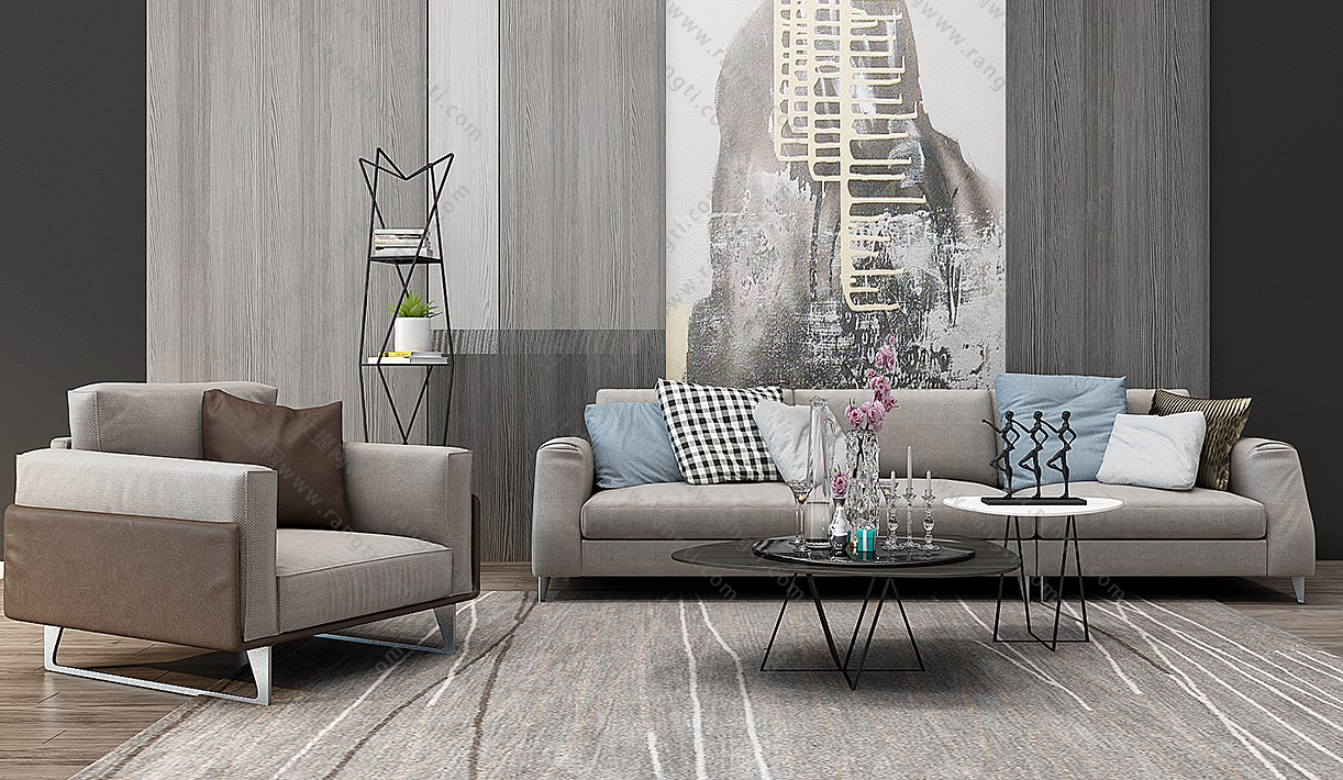 现代布艺沙发、茶几和休闲椅组合