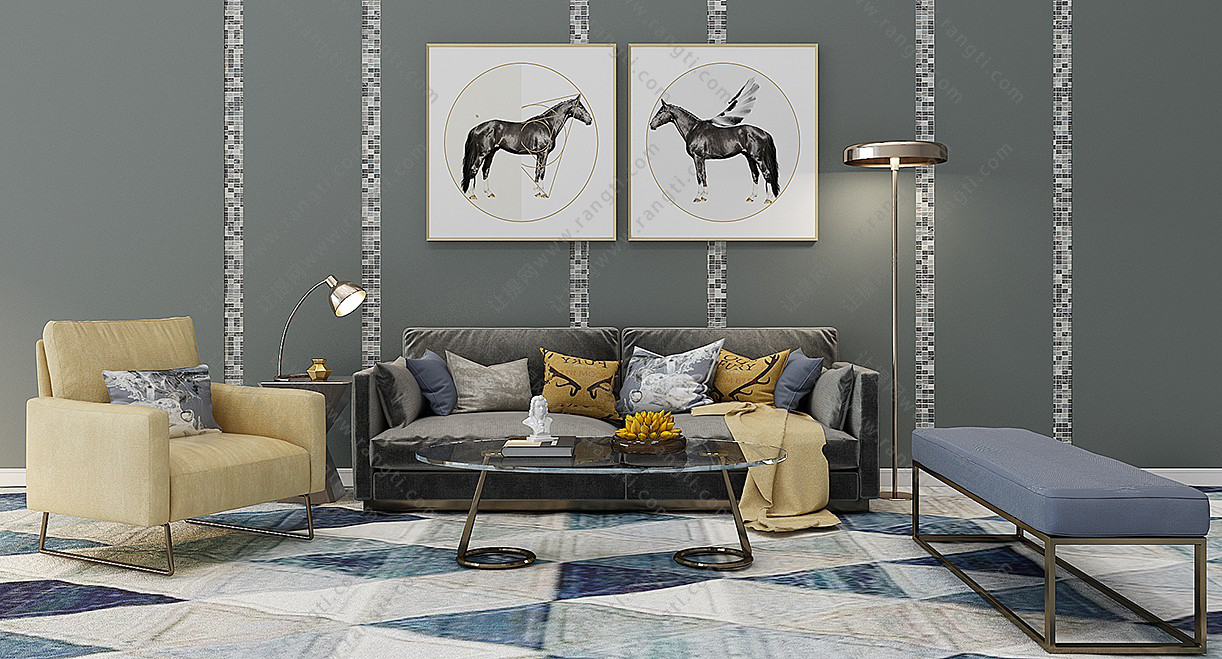 现代布艺沙发、茶几、挂画和台灯组合