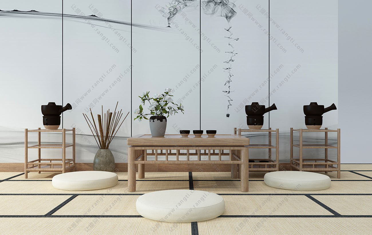 日式茶桌、蒲团和榻榻米组合
