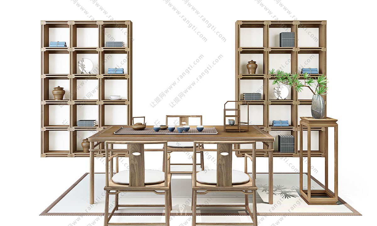 新中式茶桌椅、花架和装饰柜组合