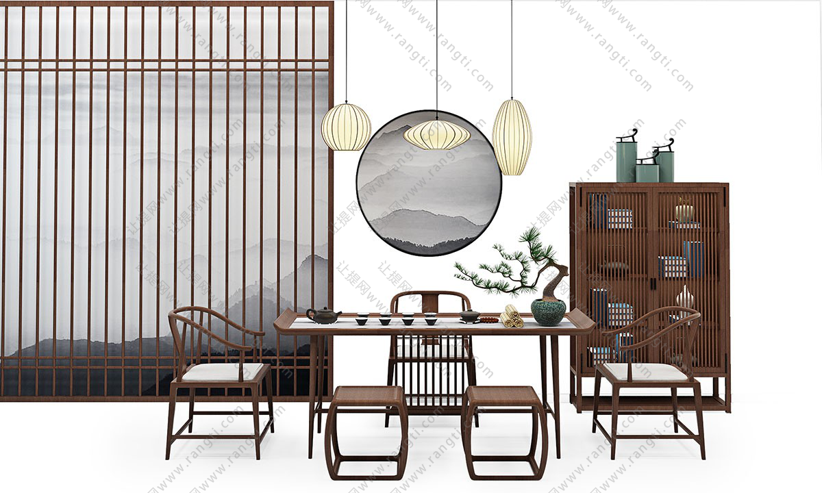 新中式茶桌椅、装饰柜和坐凳组合