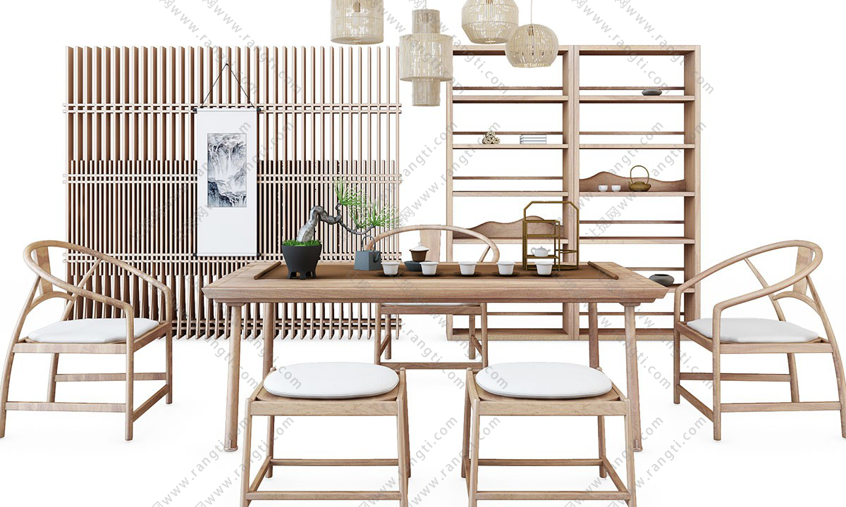 新中式茶桌椅、圈椅和坐凳组合