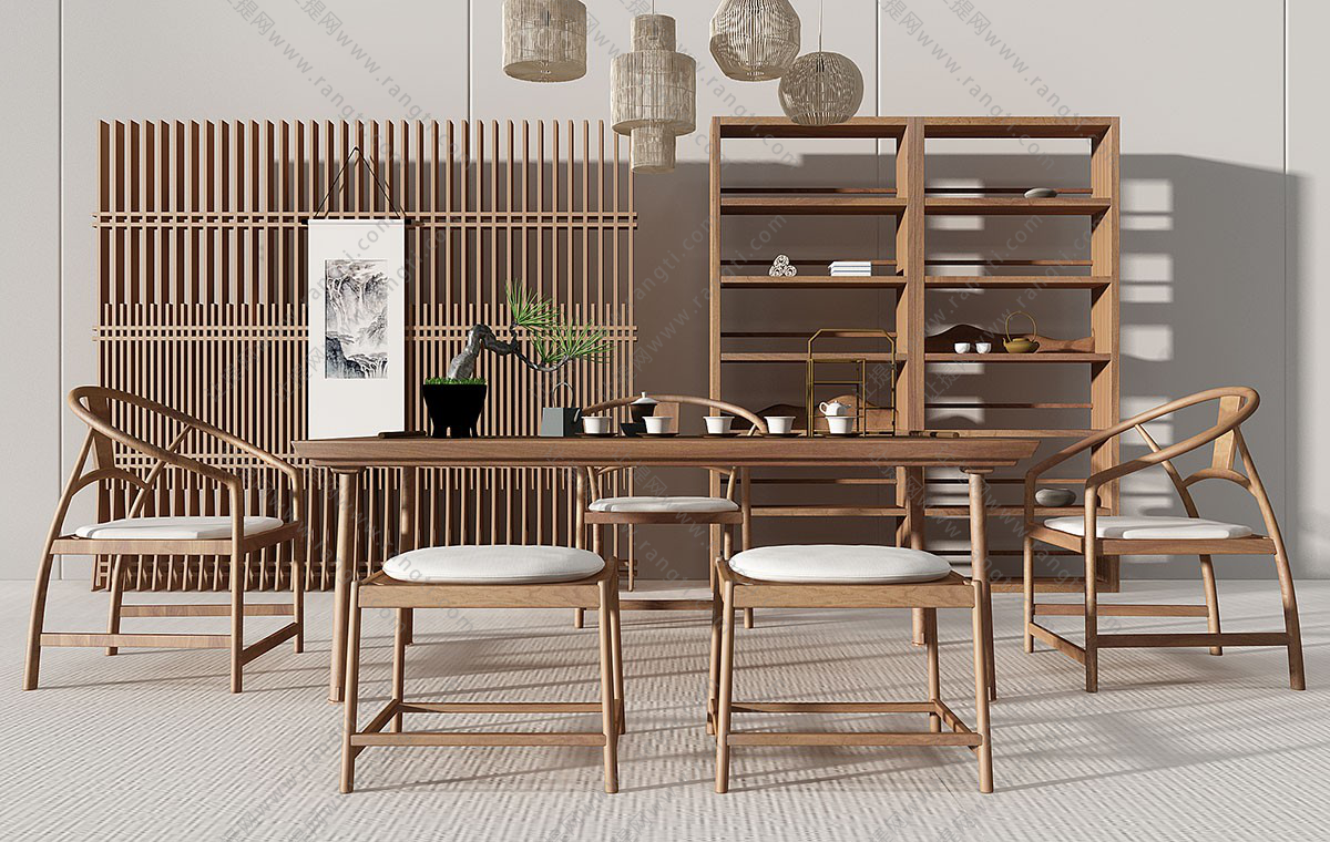 新中式极简茶桌、椅子、茶具组合