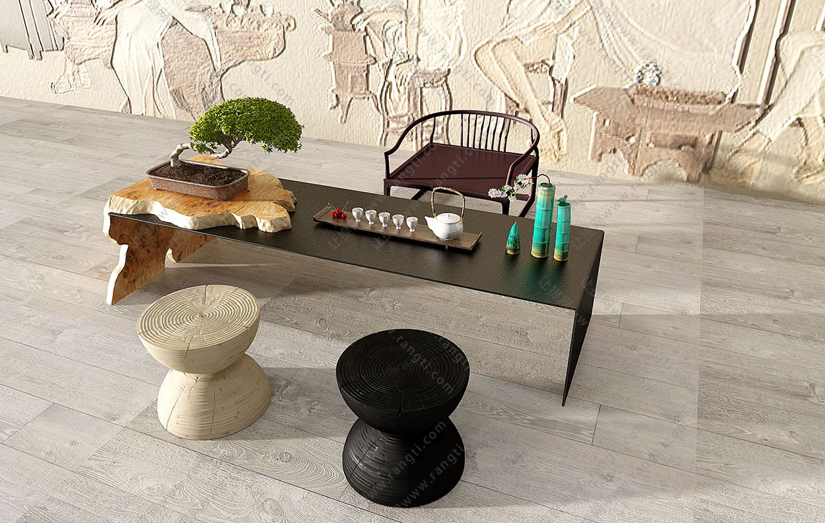 新中式木头钢板茶台、桌椅、茶具组合