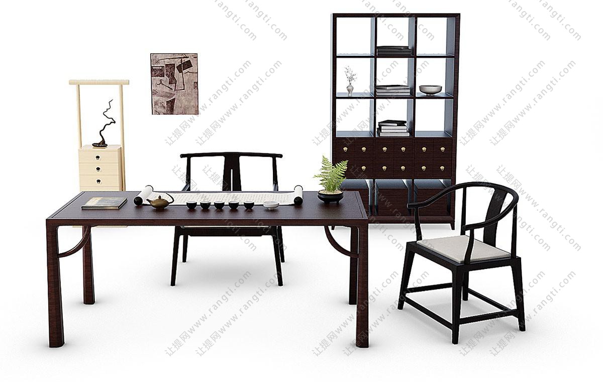 新中式书桌、茶台、圈椅组合