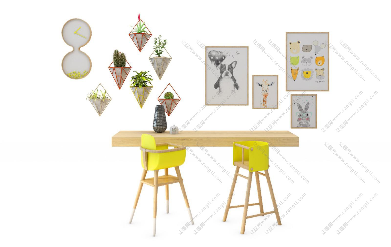 现代实木吧台、儿童餐桌椅组合