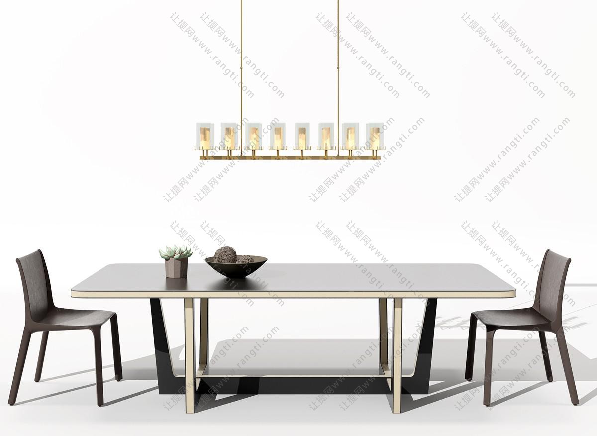 现代长方形餐桌椅、吊灯组合