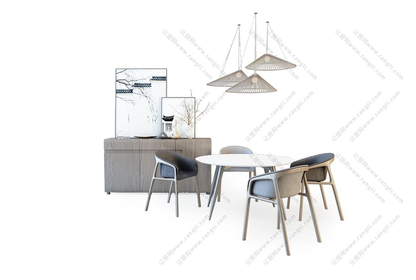 新中式圆形大理石餐桌椅、装饰柜组合