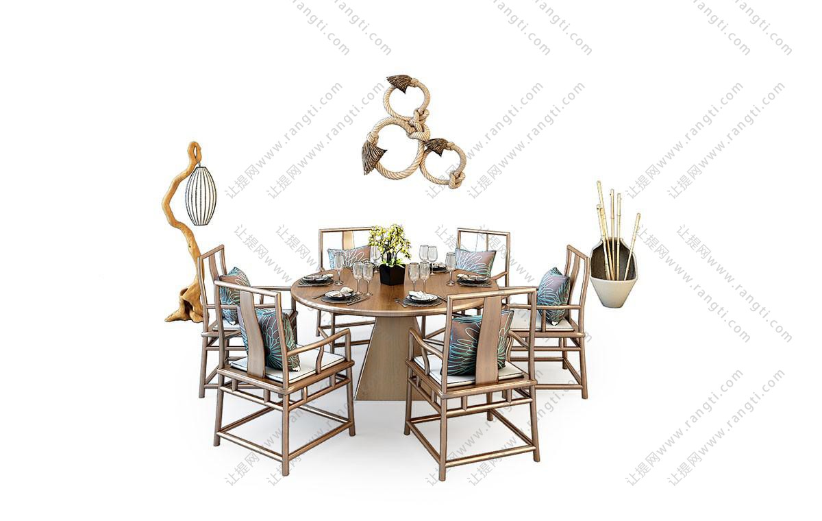 中式餐桌椅、木桩落地灯组合