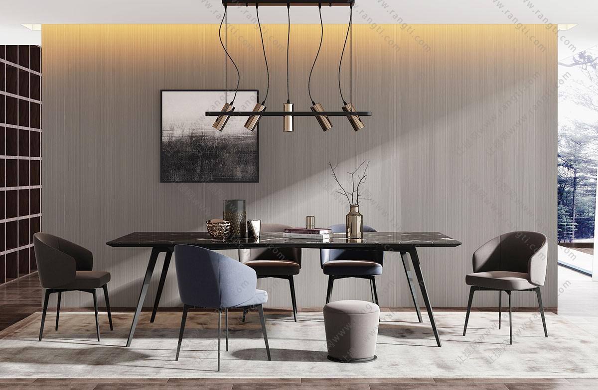 现代实木长方形餐桌椅、吊灯组合