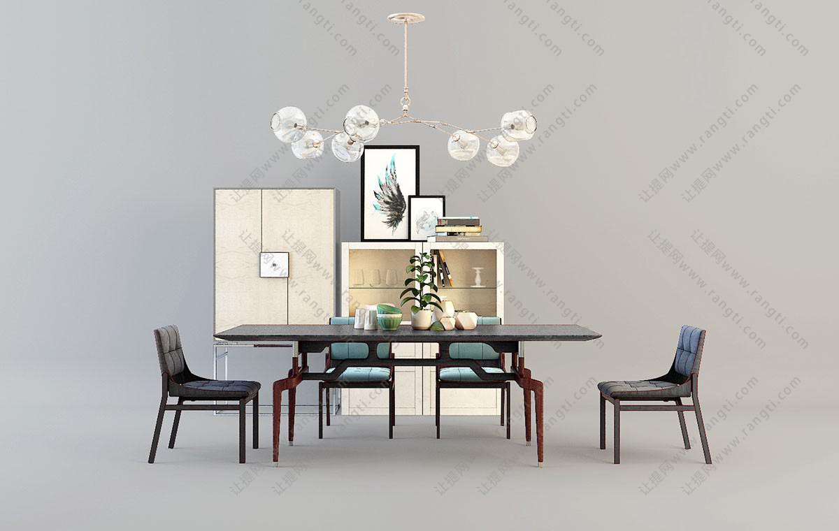 新中式实木布艺餐桌椅、餐边柜、吊灯组合