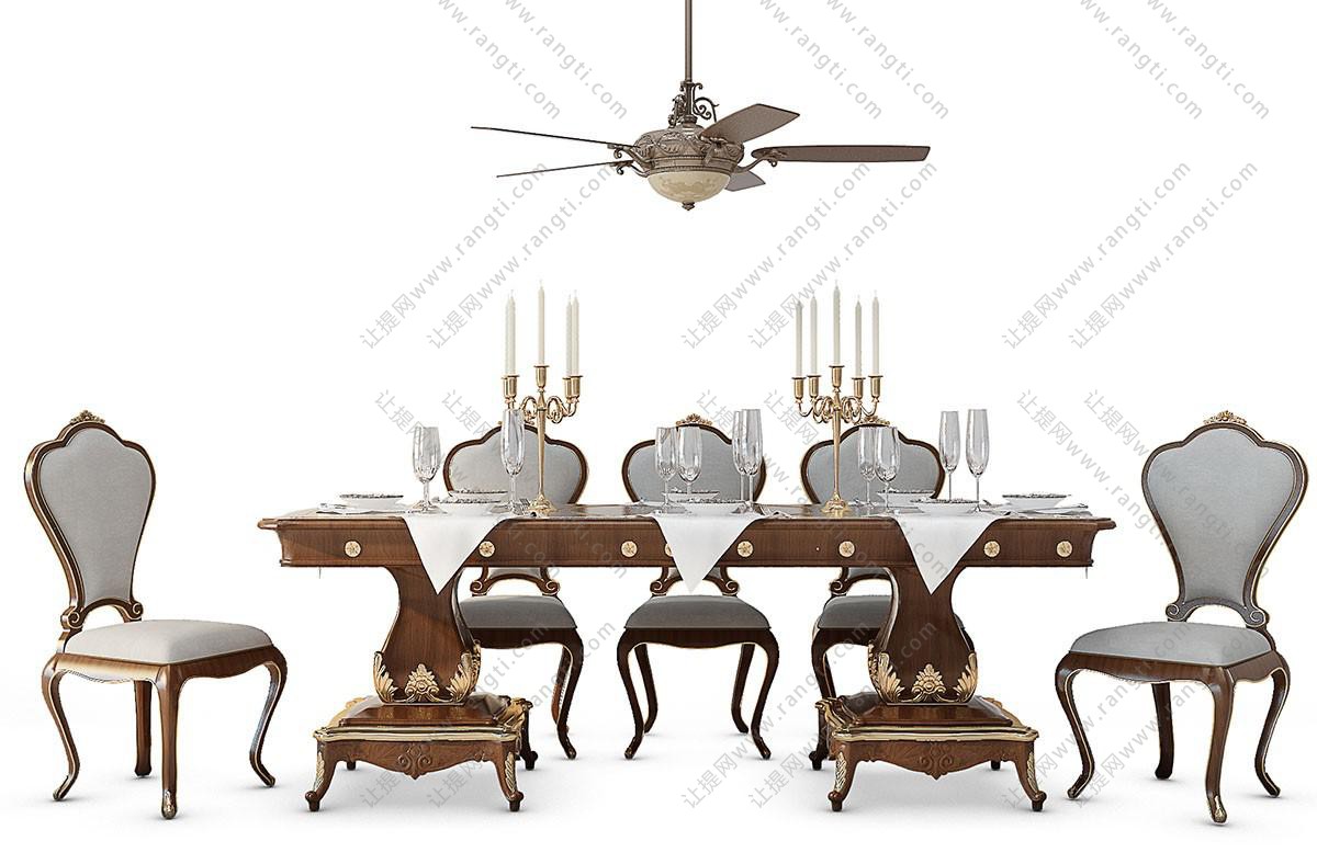 欧式餐桌椅、风扇灯组合