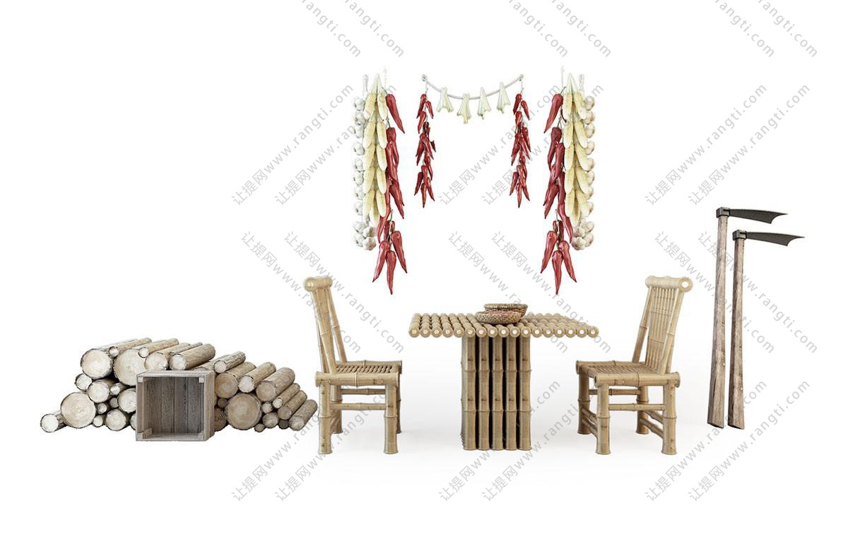 中式民宿竹编餐桌椅组合