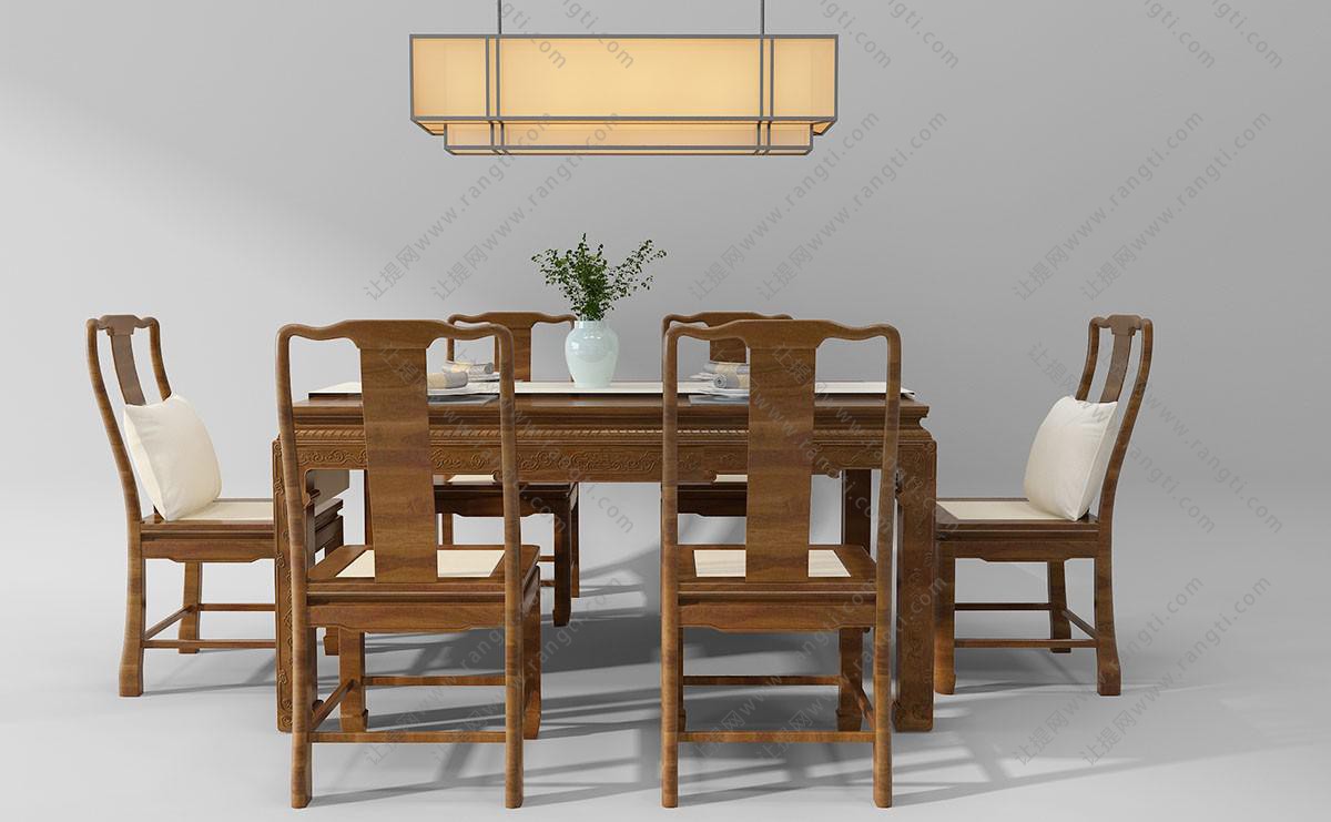 中式实木餐桌椅、吊灯组合
