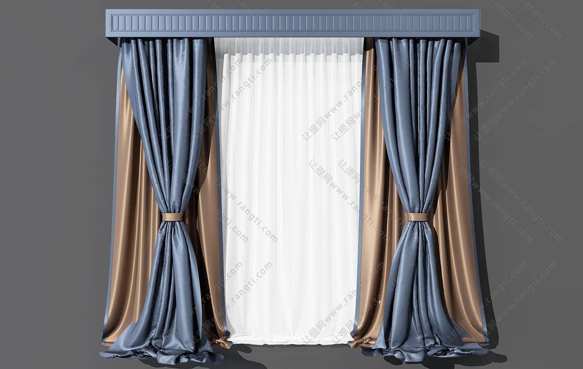 简欧光面蓝色窗帘、窗帘盒