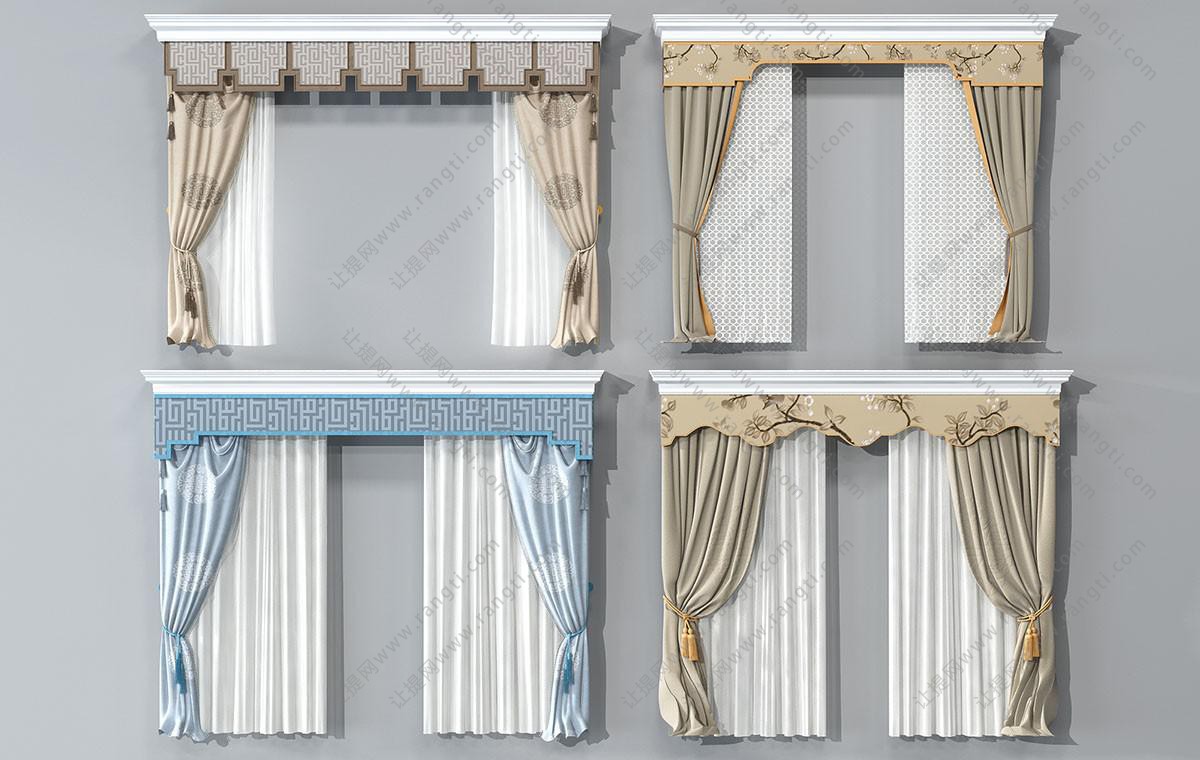 新中式古典元素图案窗帘、窗幔