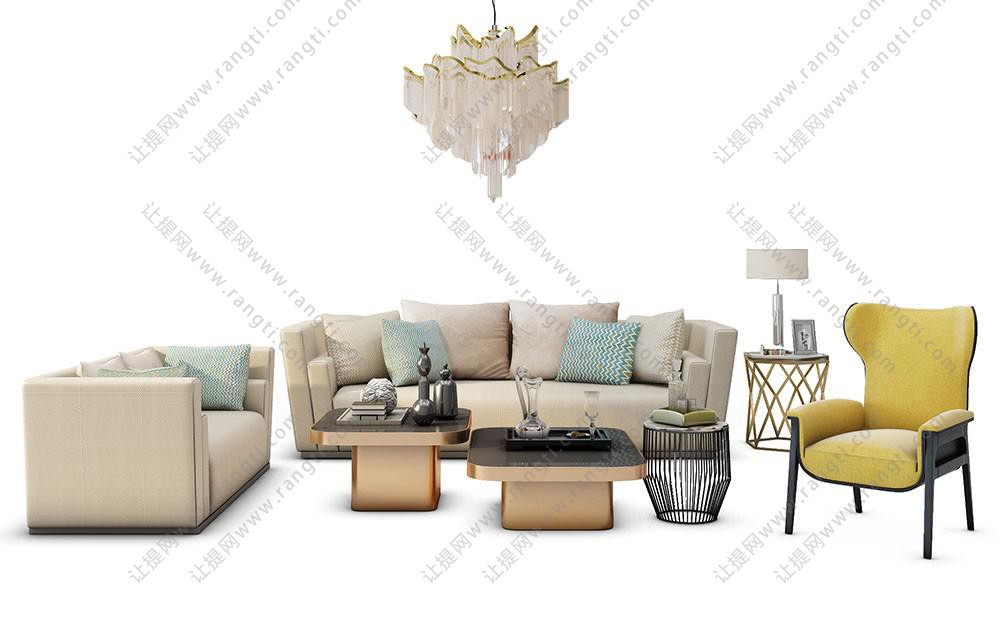 现代简欧沙发、茶几和休闲椅组合