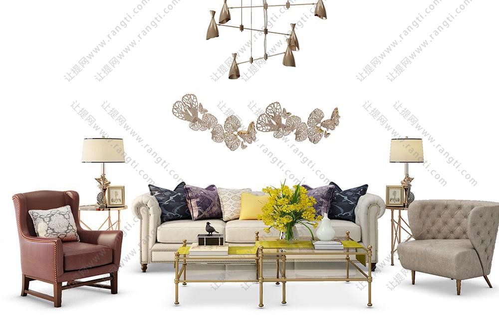欧式沙发、茶几、吊灯和墙饰组合