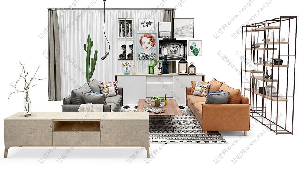 北欧现代沙发、茶几、电视柜和装饰画组合