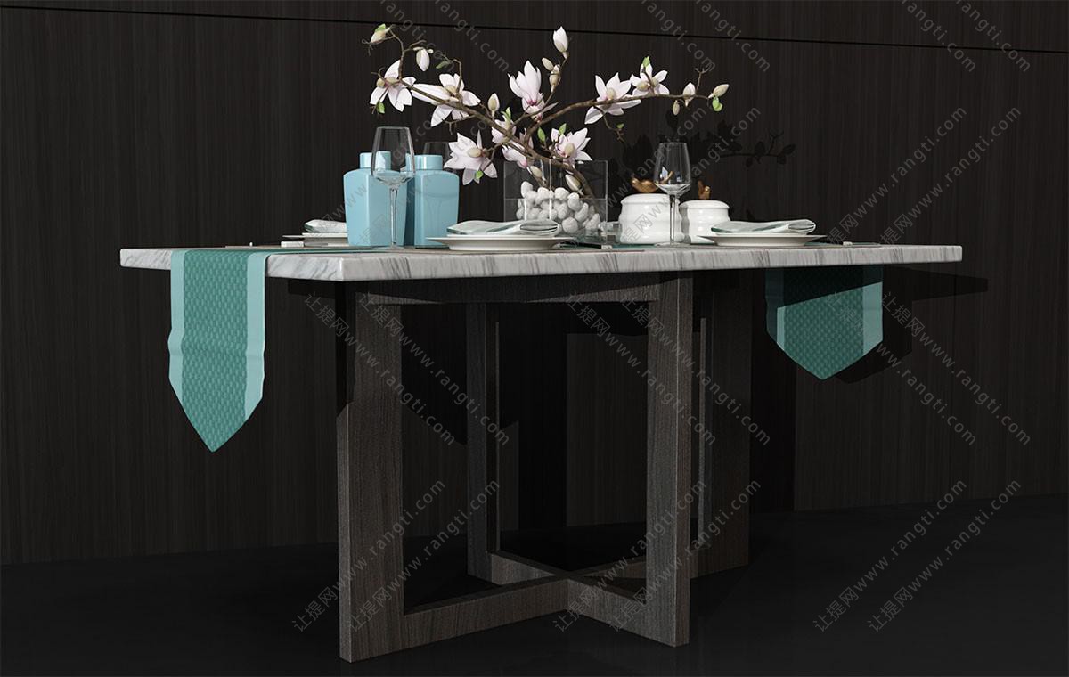 新中式大理石方形餐桌、餐具组合