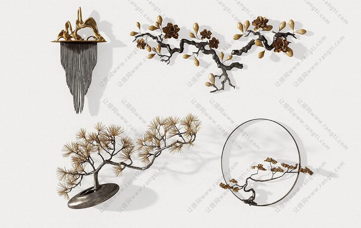 新中式铁艺松枝、玉兰花枝、山脉墙饰