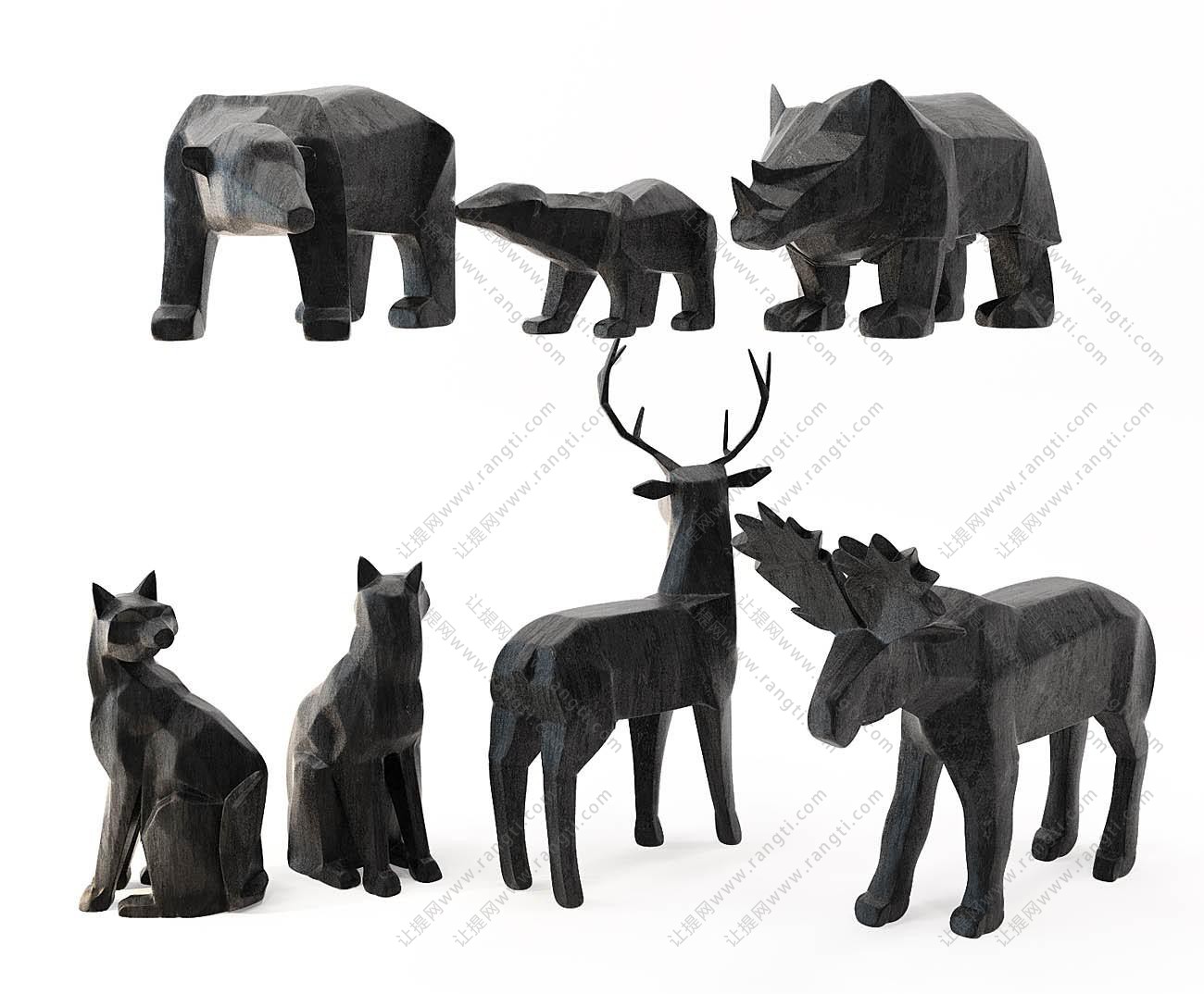 抽象狗熊、犀牛、麋鹿、狐狸雕塑 摆件