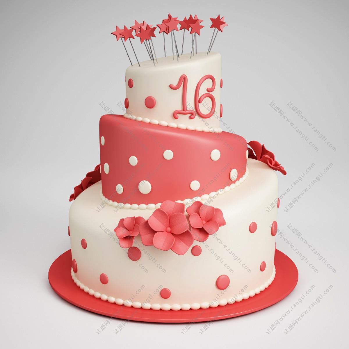 三层粉色生日蛋糕