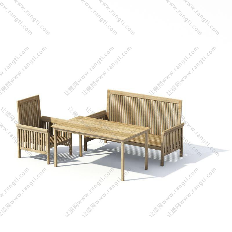木质竖条直背室外沙发椅、桌子