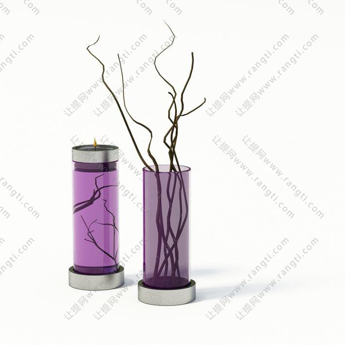 紫色玻璃花瓶、干枝植物