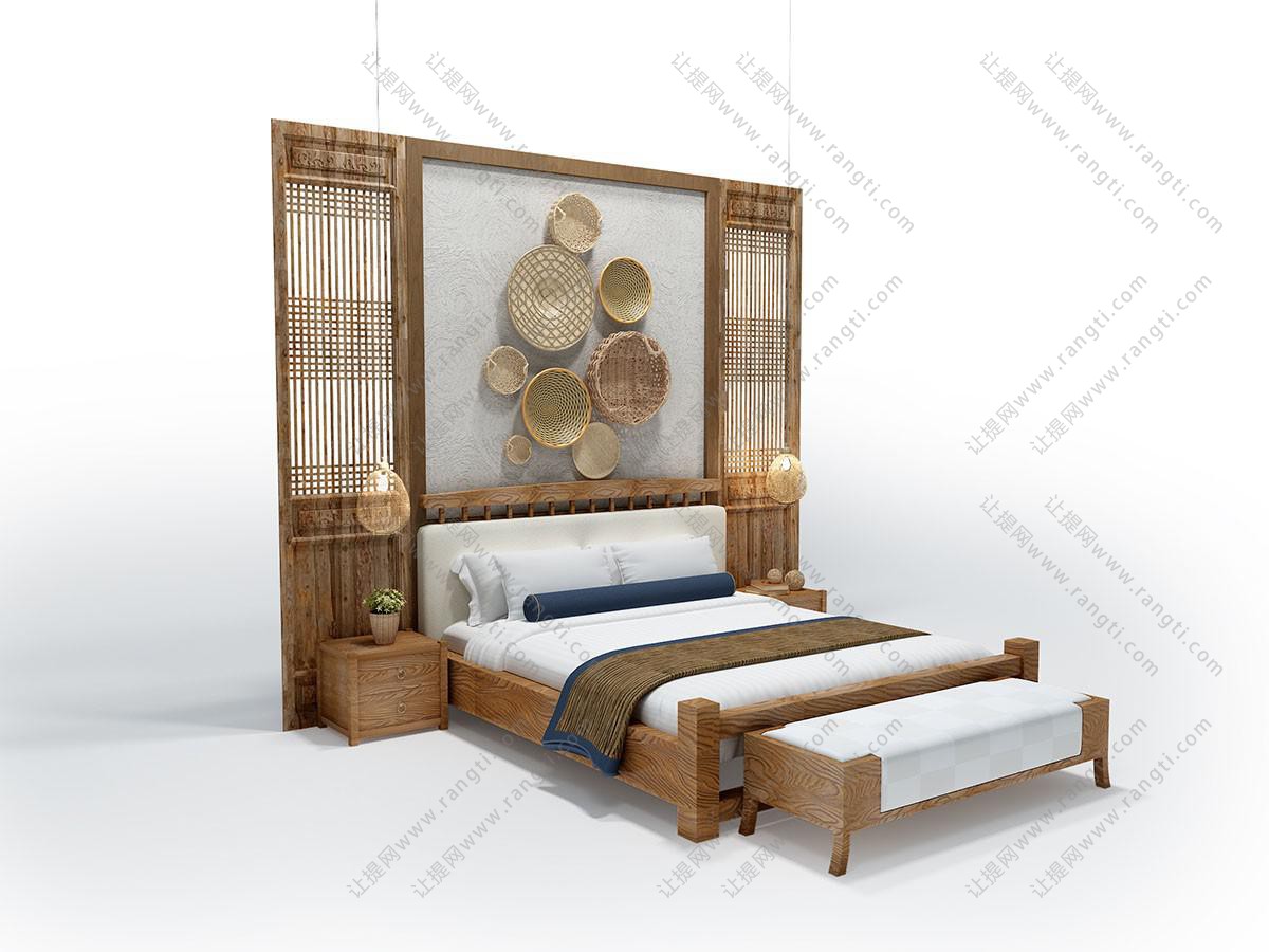 中式民宿实木双人床、编织筐墙饰