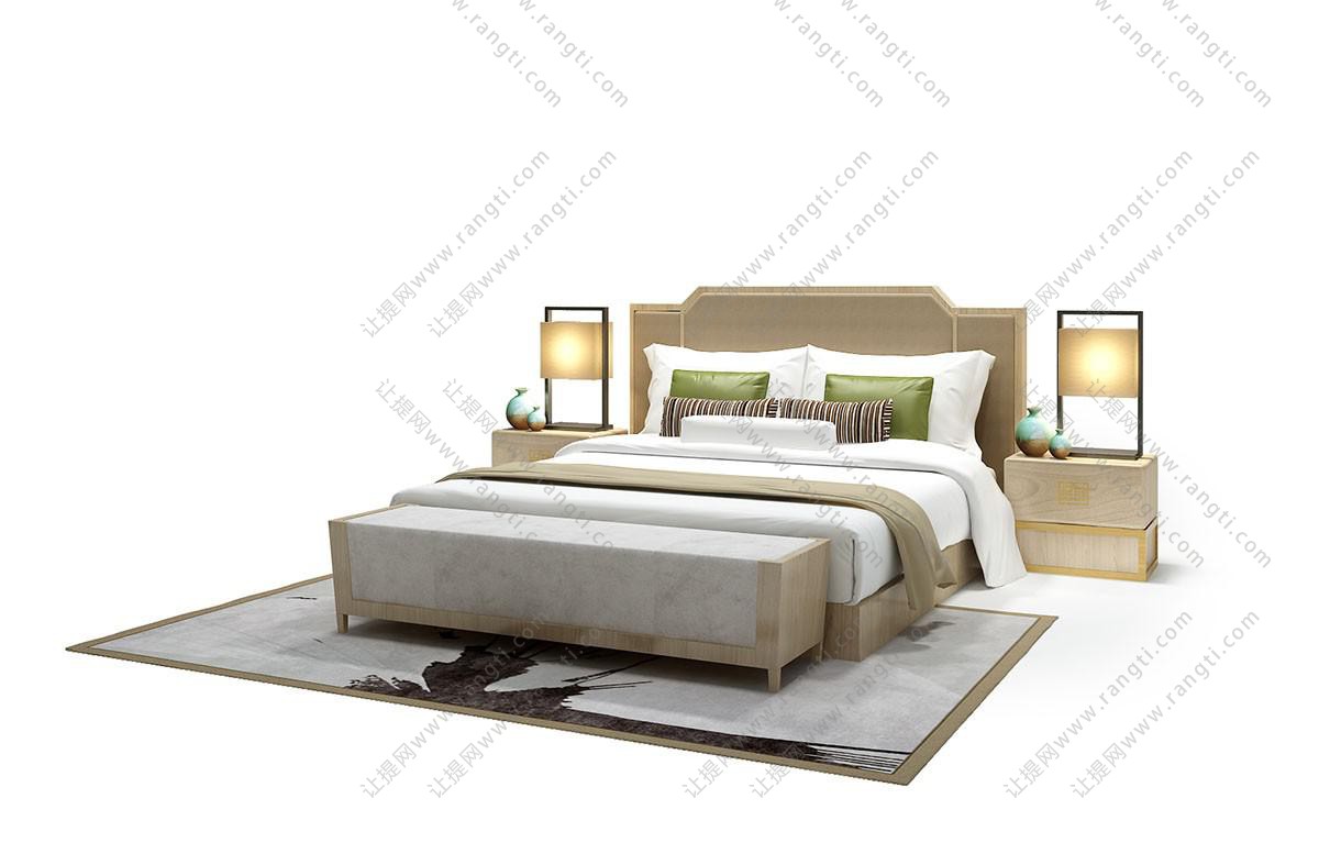 新中式双人床、床头柜、床尾凳、台灯组合