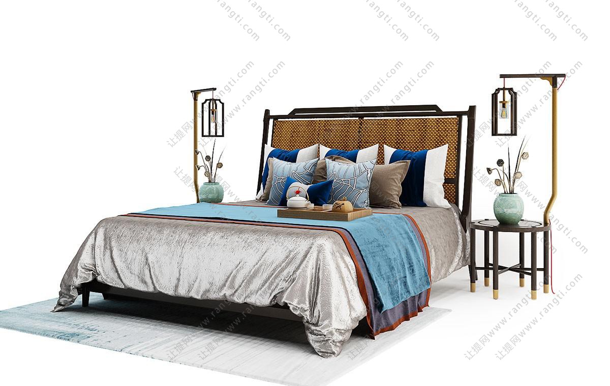 新中式实木边框藤编床头双人床、落地灯组合