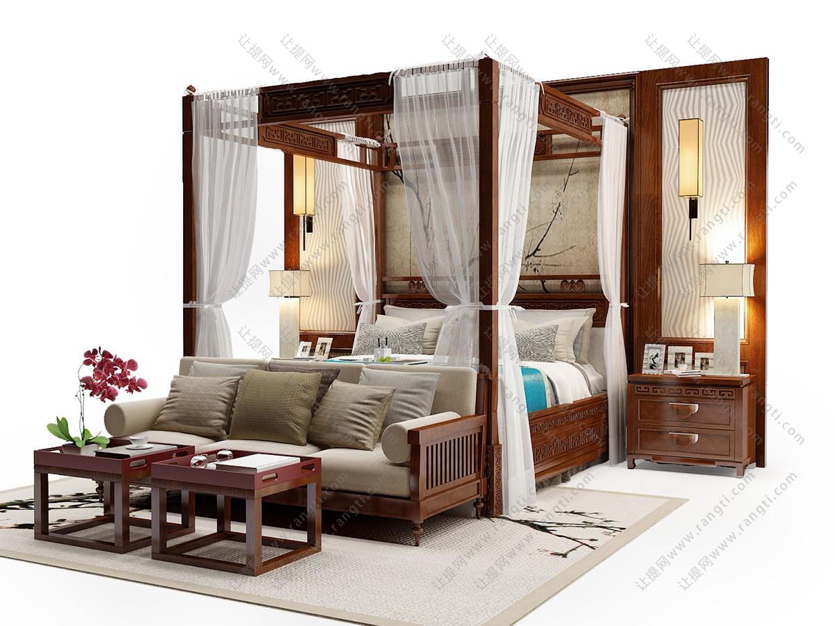 中式古典实木双人床、蚊帐、床尾沙发茶几组合