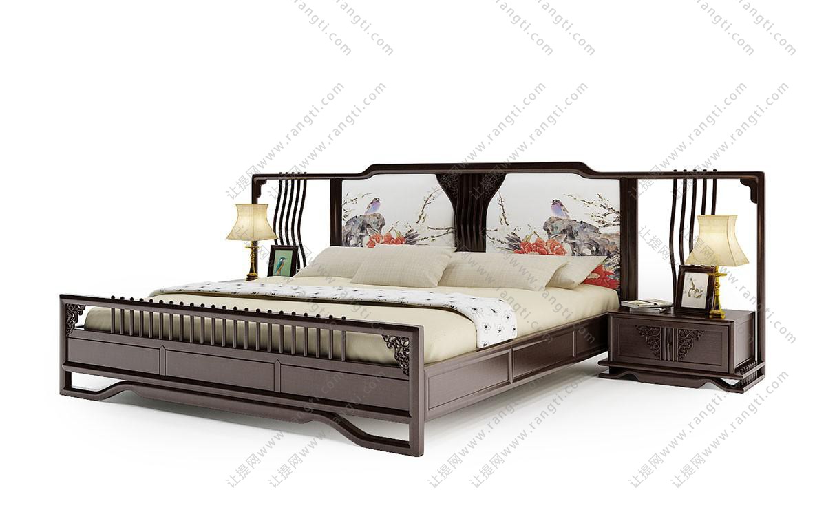 中式实木雕花双人床、床头柜组合