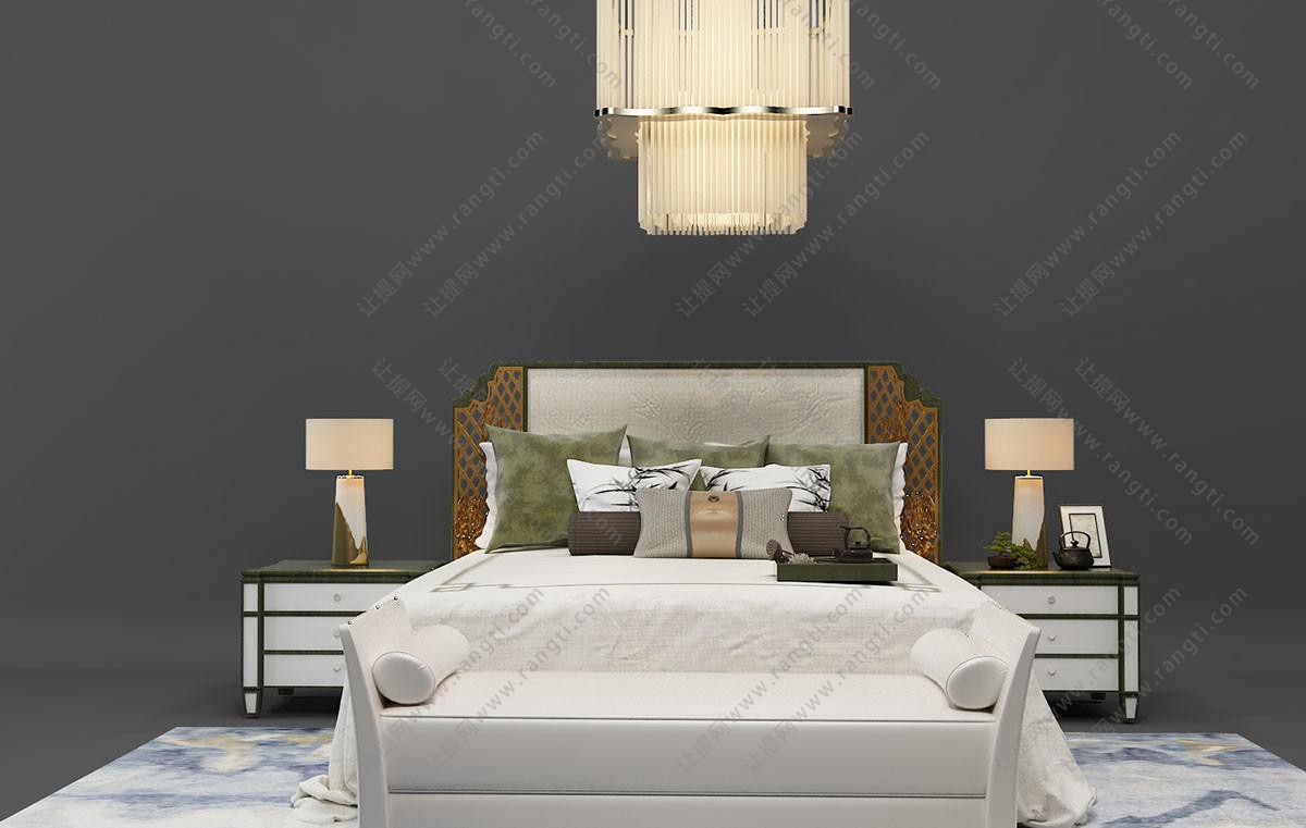 中式金属镂空床头装饰双人床、台灯组合